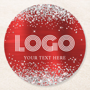 Dessous-de-verre Rond En Papier Faux Pailleté Argent Logo en Feuille de Rouge