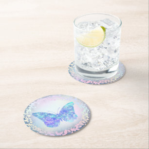 Dessous-de-verre Rond En Papier faux papillon bleu holographique