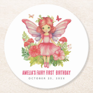 Dessous-de-verre Rond En Papier Fée Fille Premier Anniversaire Rose Mignon