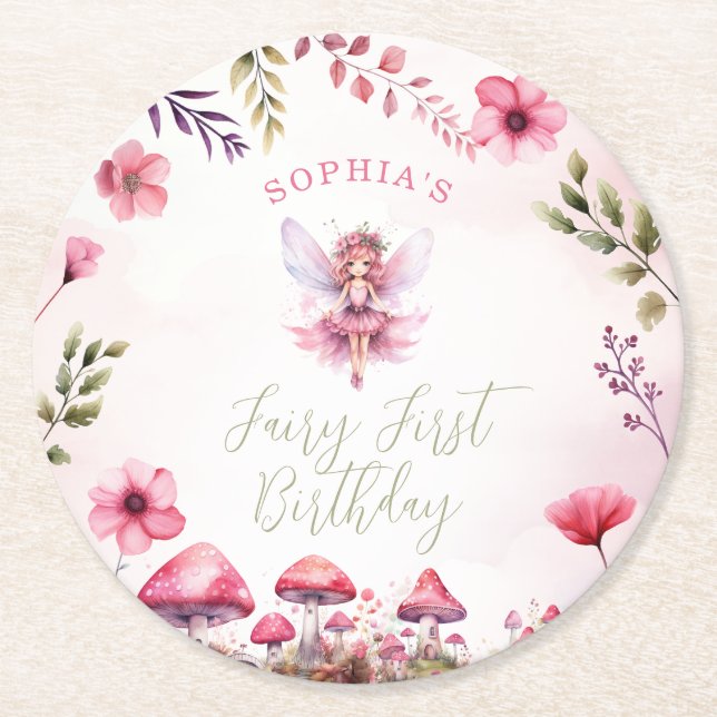 Dessous-de-verre Rond En Papier Fée premier anniversaire Enchanted Forest Champign (Devant)