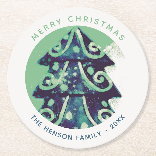 Dessous-de-verre Rond En Papier Festif Green Noël Arbre Famille Vacances (Devant)