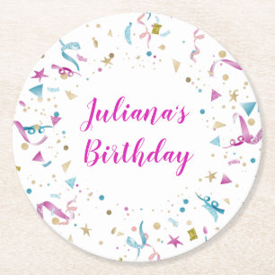 Dessous-de-verre Rond En Papier Fête Confetti rose et bleu étincelle Anniversaire