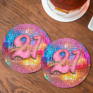 Dessous-de-verre Rond En Papier Fête d'anniversaire 21 ans Boule disco paillettes