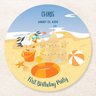 Dessous-de-verre Rond En Papier Fête d'anniversaire de bébé garçon sur la plage av
