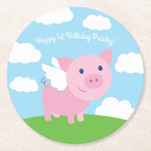 Dessous-de-verre Rond En Papier Fête d'anniversaire de Flying Pig Cute Kid's Birth