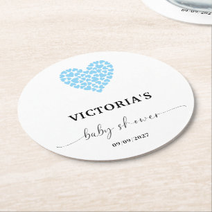 Dessous-de-verre Rond En Papier Fête de Baby Shower Cœur Bleu