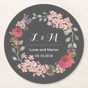 Dessous-de-verre Rond En Papier Fête de mariage vintage Gris Floral Wreath Monogra