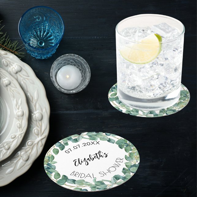Dessous-de-verre Rond En Papier Fête des mariées eucalyptus verdure couronne (Créateur téléchargé)