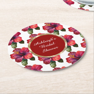 Dessous-de-verre Rond En Papier Fête des mariées Tropical Rouge Hibiscus Fleurs