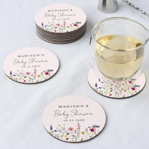 Dessous-de-verre Rond En Papier Fête élégante de fleurs sauvages rose pâle pour bé