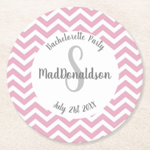 Dessous-de-verre Rond En Papier Fête monogramme rose et blanc chevron