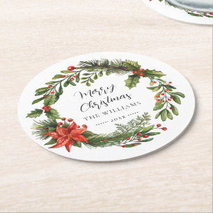Dessous-de-verre Rond En Papier Feuillage Floral Baies Rouges Famille Fête de Noël