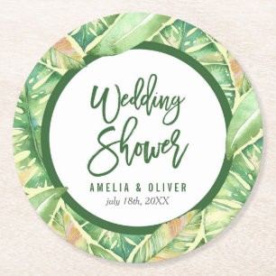 Dessous-de-verre Rond En Papier Feuille tropical d'aquarelle de vert de wedding