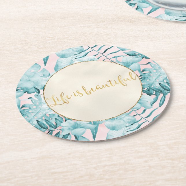 Dessous-de-verre Rond En Papier Feuilles tropicaux Aqua Gold (Incliné)