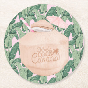 Dessous-de-verre Rond En Papier Feuilles tropicaux roses et verts   Boisson de noi