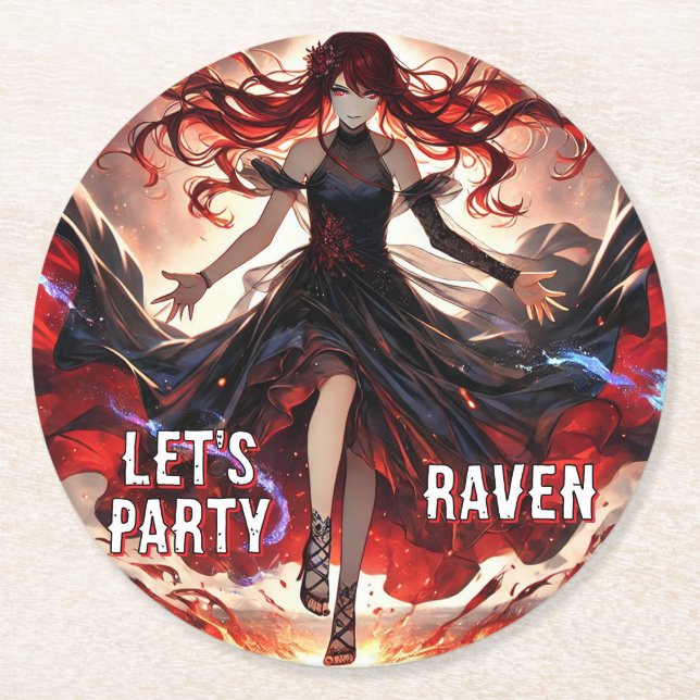 Dessous-de-verre Rond En Papier Fiery Raven Gothic Anime Girl Party Design (Devant)