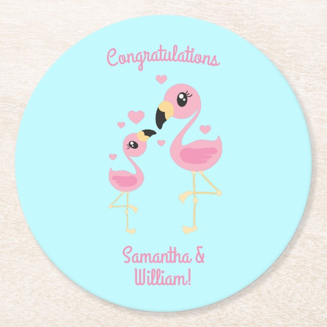 Dessous-de-verre Rond En Papier Flamant rose Baby shower mignon Tropical (Devant)