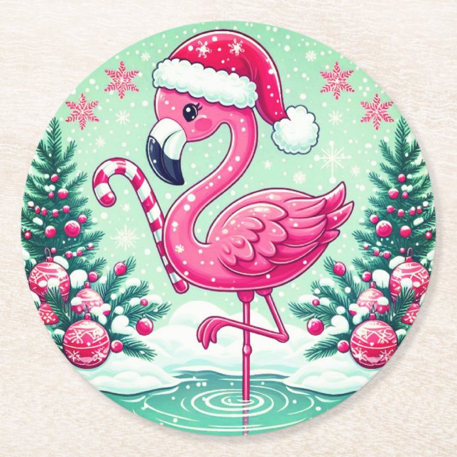 Dessous-de-verre Rond En Papier Flamant rose de Noël Clipart-10424 (Devant)