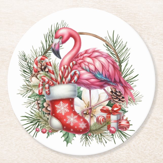 Dessous-de-verre Rond En Papier Flamant rose Noël Thème (Devant)