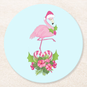 Dessous-de-verre Rond En Papier Flamant rose rose en Santa Hat avec Sucre de canne