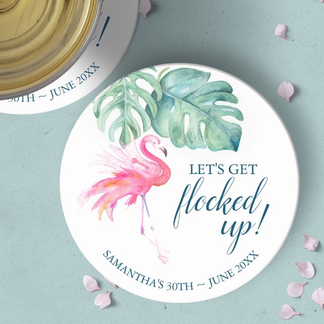 Dessous-de-verre Rond En Papier Flamant rose rose Flocktail d'anniversaire (Lets get flocked up tropical pink flamingo coasters unique art by Victoria Grigaliunas DoTellABelle)