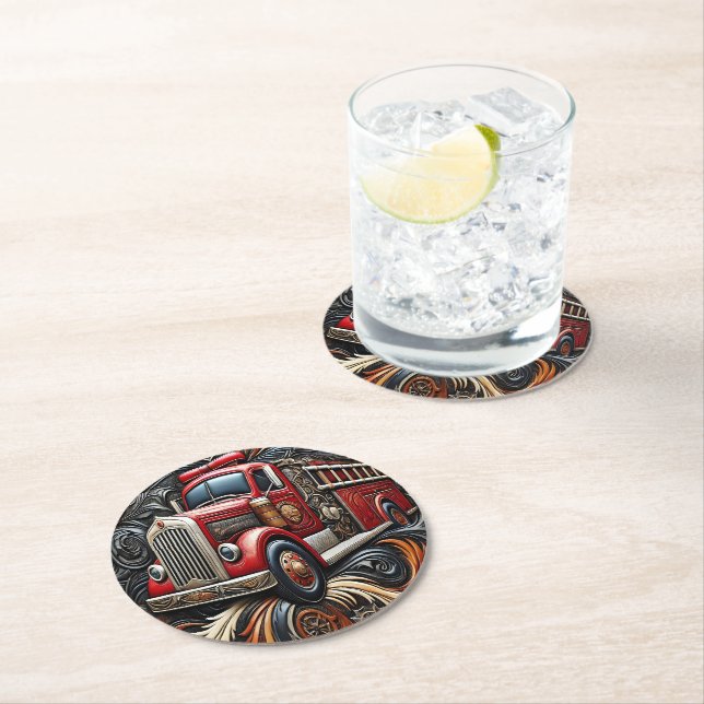 Dessous-de-verre Rond En Papier Flames et Camion Leather Art (En situation)