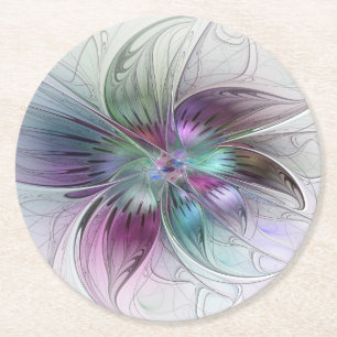 Dessous-de-verre Rond En Papier Fleur Abstraite colorée Art moderne floral fractal