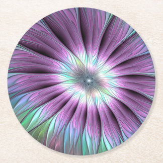 Dessous-de-verre Rond En Papier Fleur Abstraite colorée rose bleu vert fractal