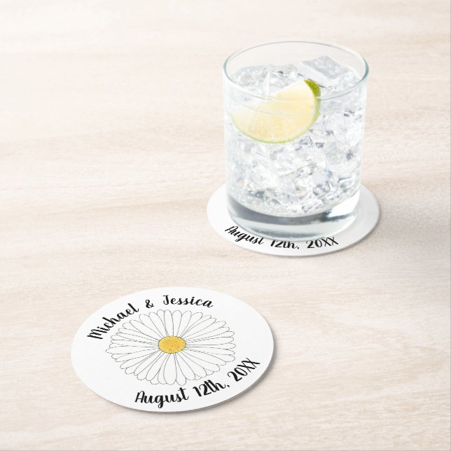 Dessous-de-verre Rond En Papier Fleur de marguerite jaune blanc Fête florale de ja (En situation)