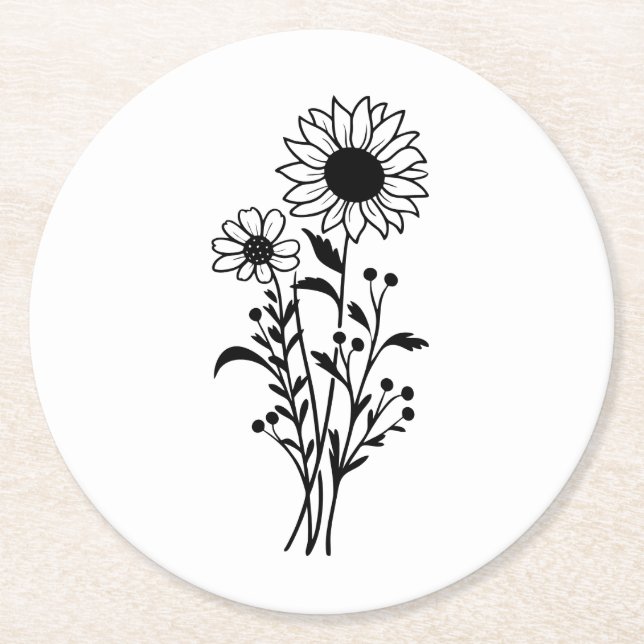 Dessous-de-verre Rond En Papier Fleur de soleil florale Noir Blanc mariage (Devant)