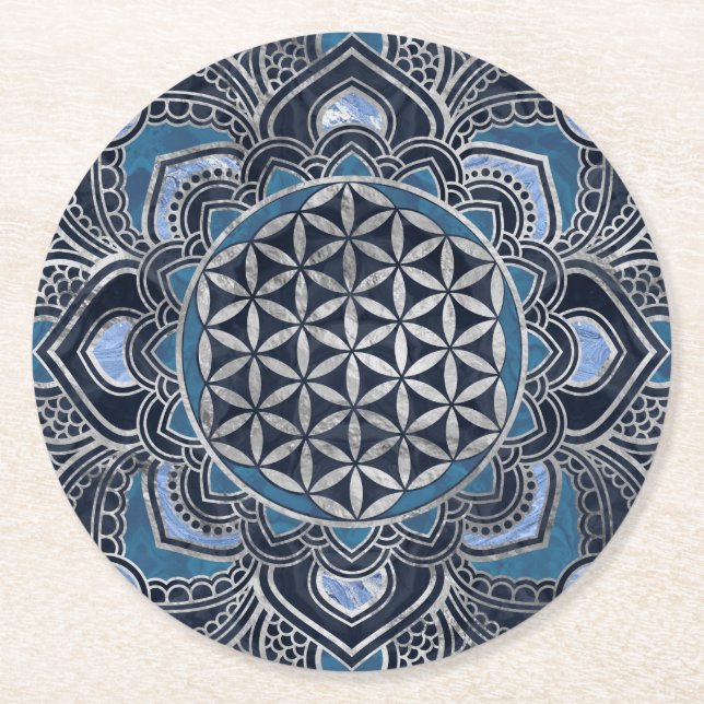 Dessous-de-verre Rond En Papier Fleur de vie à Lotus - Cristal bleu et argent (Devant)