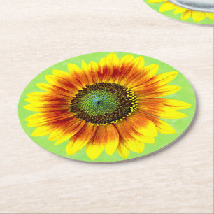 Dessous-de-verre Rond En Papier Fleur jaune de tournesol et verte florale