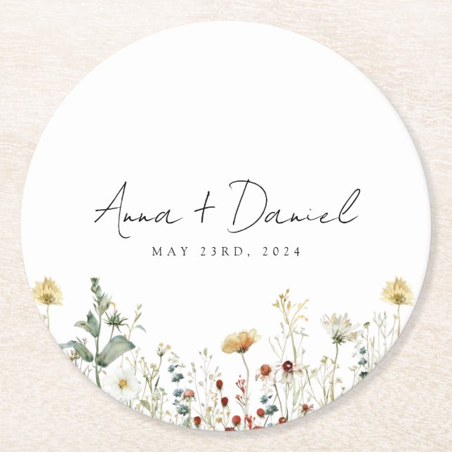 Dessous-de-verre Rond En Papier Fleur sauvage d'été Mariage de terrain (Devant)
