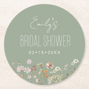 Dessous-de-verre Rond En Papier Fleur sauvage Sage Green Boho Fête des mariées Jar