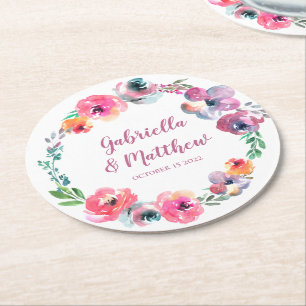 Dessous-de-verre Rond En Papier Fleurs aquarelles personnalisées Mariage élégant m