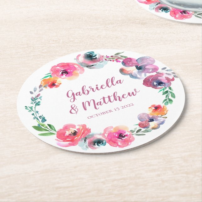 Dessous-de-verre Rond En Papier Fleurs aquarelles personnalisées Mariage élégant m (Incliné)
