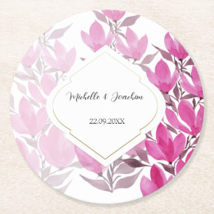 Dessous-de-verre Rond En Papier Fleurs aquarelles rose rustique peintes à la main