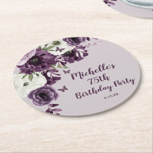 Dessous-de-verre Rond En Papier Fleurs blanches violettes Papillons 75e anniversai