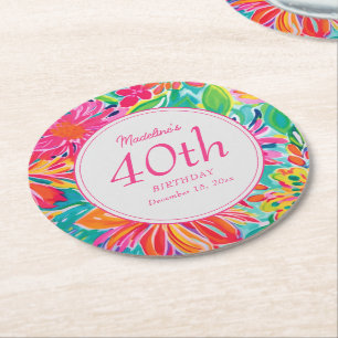 Dessous-de-verre Rond En Papier Fleurs d'aquarelle rose chaud 40e anniversaire