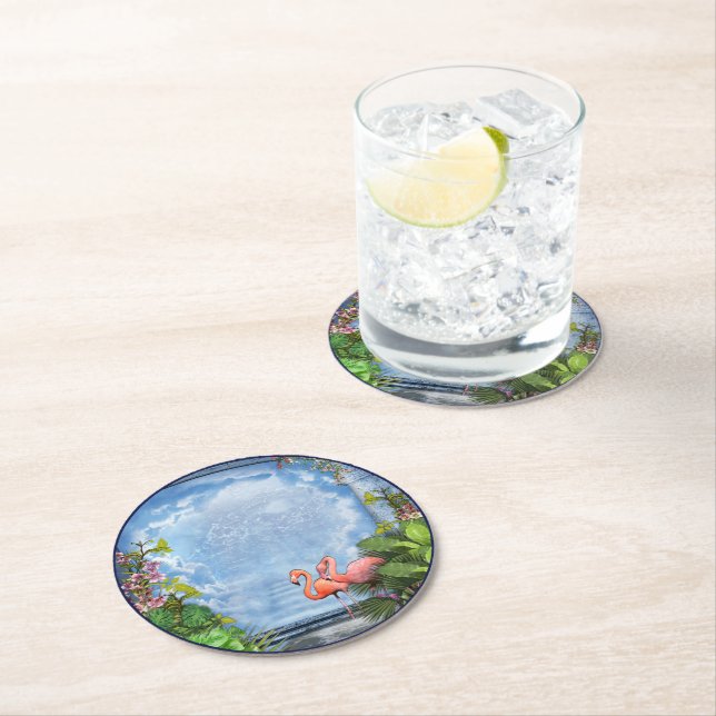 Dessous-de-verre Rond En Papier Fleurs d'arty roses sur la texture Bleu-bois-Tissu (En situation)