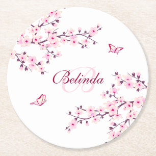 Dessous-de-verre Rond En Papier Fleurs de cerisier rose blanc Nom Ba