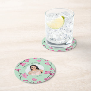Dessous-de-verre Rond En Papier Fleurs de cerisiers roses, Vert menthe, photo