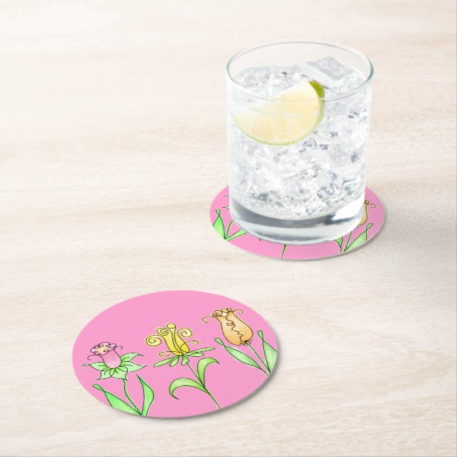 Dessous-de-verre Rond En Papier Fleurs de printemps Pastel (En situation)
