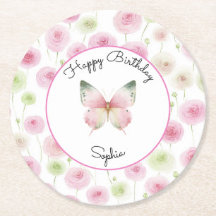 Dessous-de-verre Rond En Papier Fleurs de Renoncule Rose Féminin Anniversaire