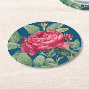 Dessous-de-verre Rond En Papier Fleurs de rose rouge avec Feuilles verts