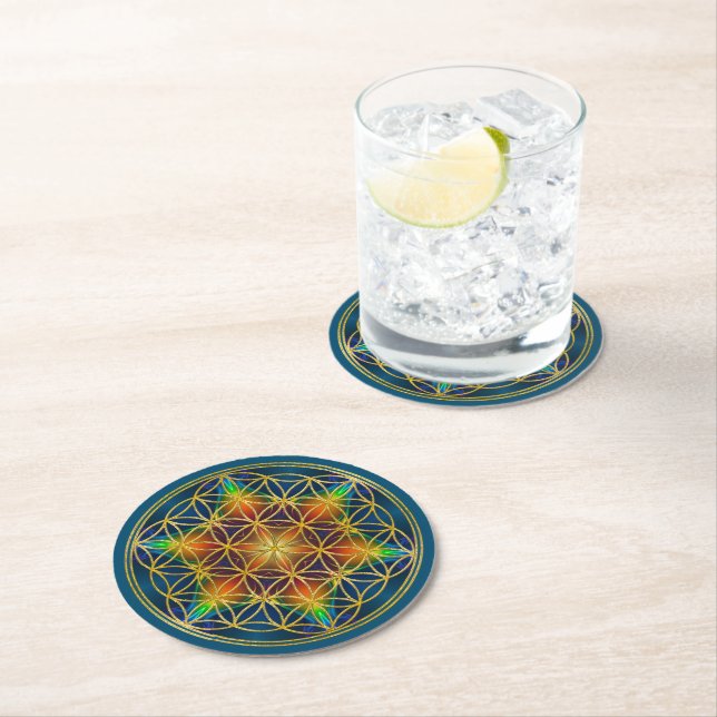 Dessous-de-verre Rond En Papier FLEURS DE VIE - Fleur fractale 1 (En situation)