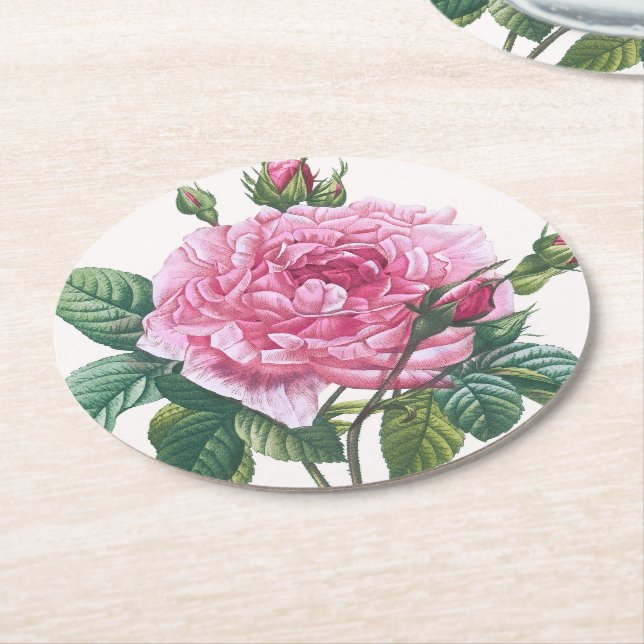 Dessous-de-verre Rond En Papier Fleurs roses roses avec Feuilles verts (Incliné)