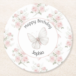Dessous-de-verre Rond En Papier Fleurs Roses Roses Nœuds Papillon Anniversaire