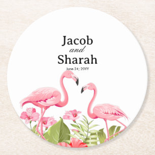 Dessous-de-verre Rond En Papier Fleurs tropicales et design de flamants roses