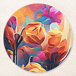 Dessous-de-verre Rond En Papier Floral Abstract Art Orange Red Blue Flowers
